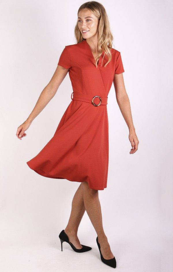 Cap Sleeve Wrap Skater Dress with Belt 