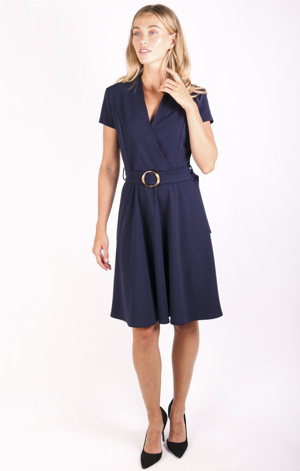 Cap Sleeve Wrap Skater Dress with Belt 