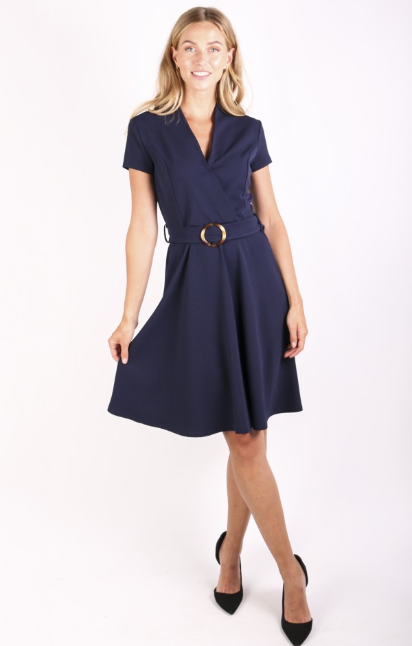 Cap Sleeve Wrap Skater Dress with Belt 