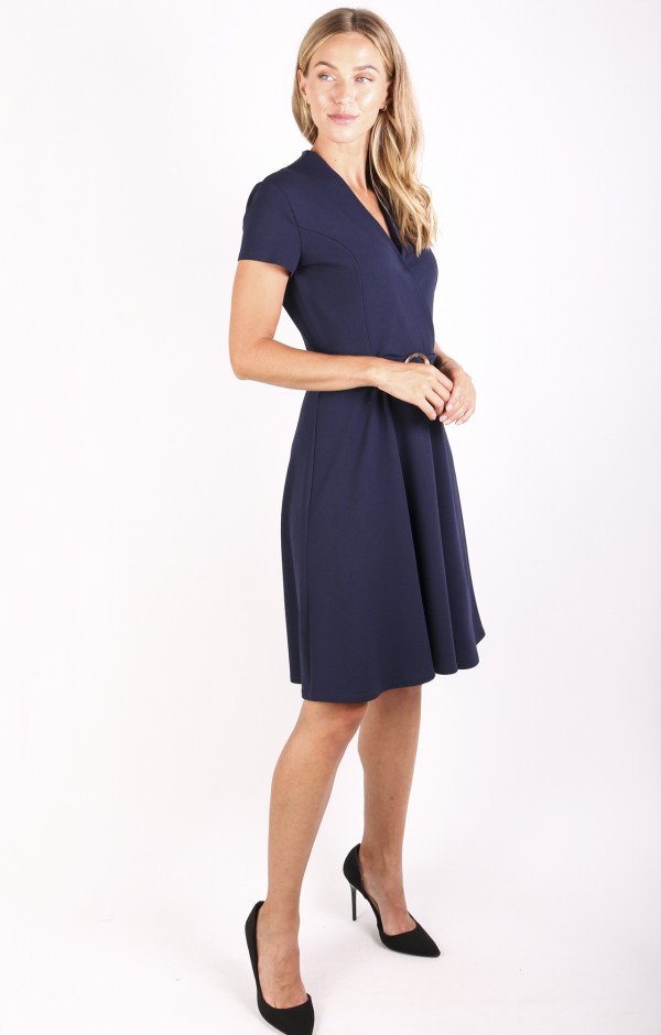 Cap Sleeve Wrap Skater Dress with Belt 