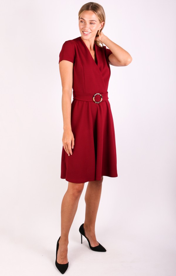 Cap Sleeve Wrap Skater Dress with Belt 