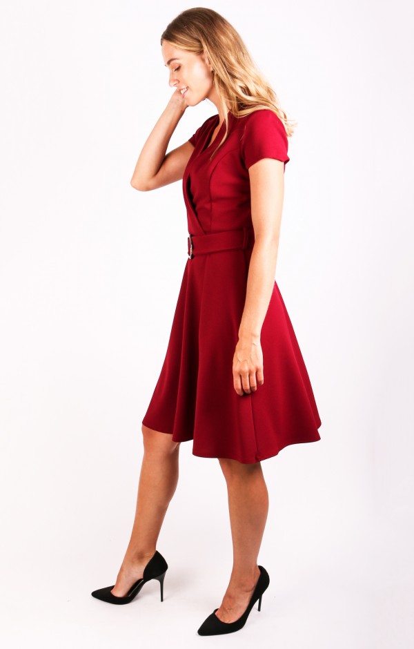 Cap Sleeve Wrap Skater Dress with Belt 